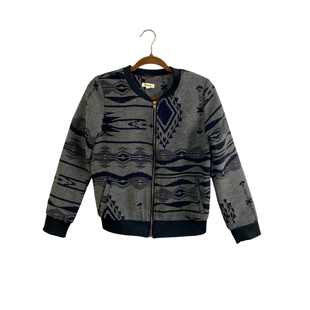Bentee Southwestern Aztec Wool Blend Bomber Jacket Sm Gray Black Geometric Boho